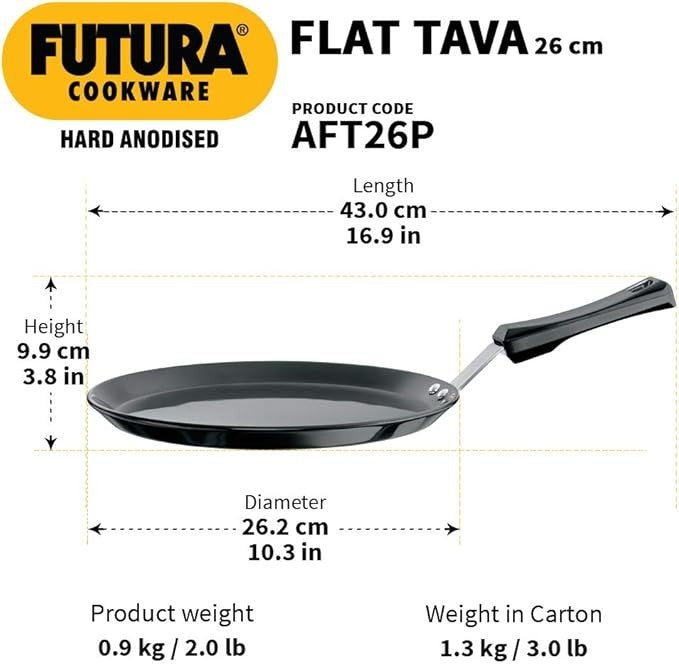 Hawkins Futura Hard Anodised Aluminium Flat Tava with Plastic Handle, 26 cm Diam